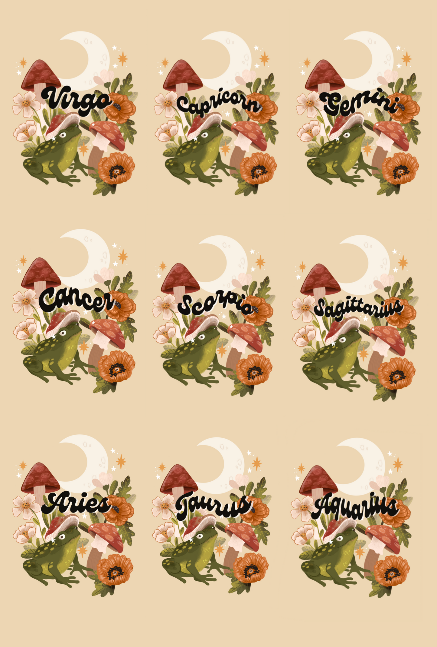 Zodiac/Star Signs Woodland Toad Theme Art Print ~ All signs available
